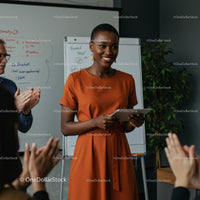 Confident Woman Giving Engaging Presentation in Orange Dress
