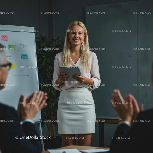 Confident Woman Leading Business Presentation in Modern Office