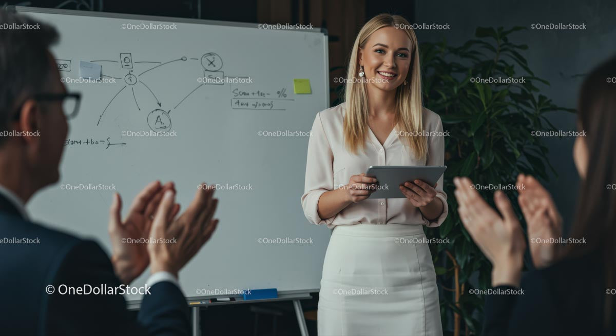 Smiling Professional Leading Business Presentation with Applause
