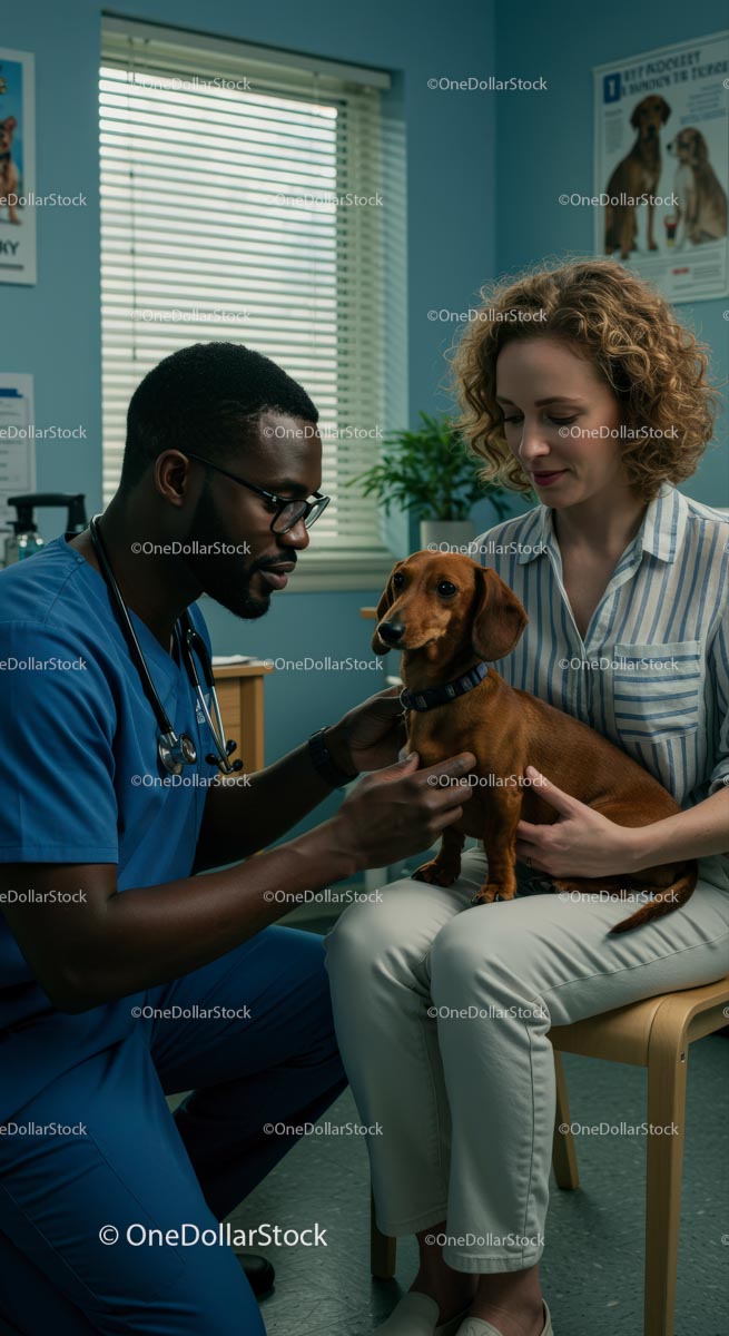 Veterinarian Caring for a Dachshund at Animal Clinic