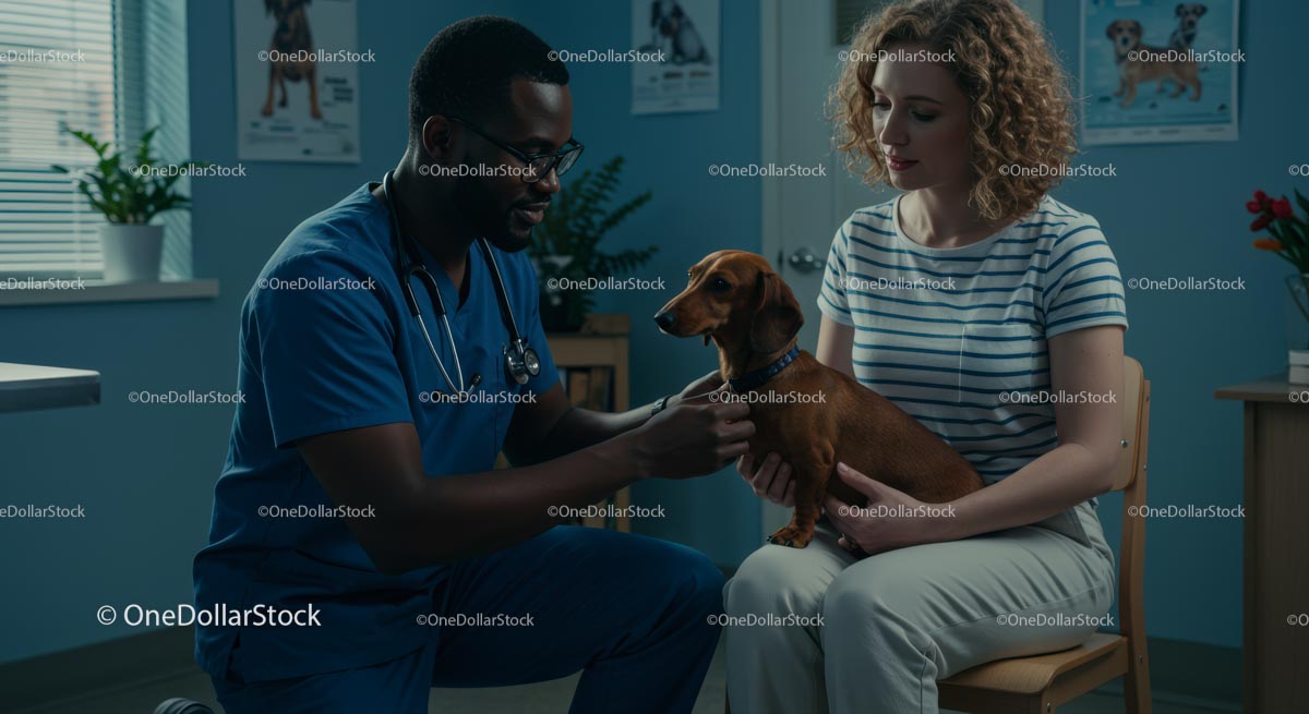 Veterinarian Examining Dachshund with Pet Owner
