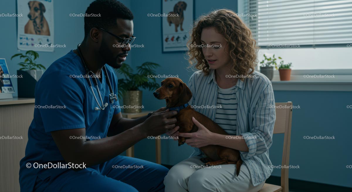 Veterinarian Examining Dachshund with Concerned Owner