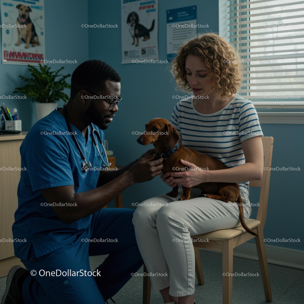 Veterinarian Examining Dachshund with Pet Owner in Clinic