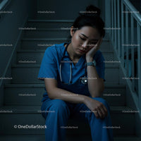 Exhausted Nurse in Blue Scrubs Sitting on Staircase