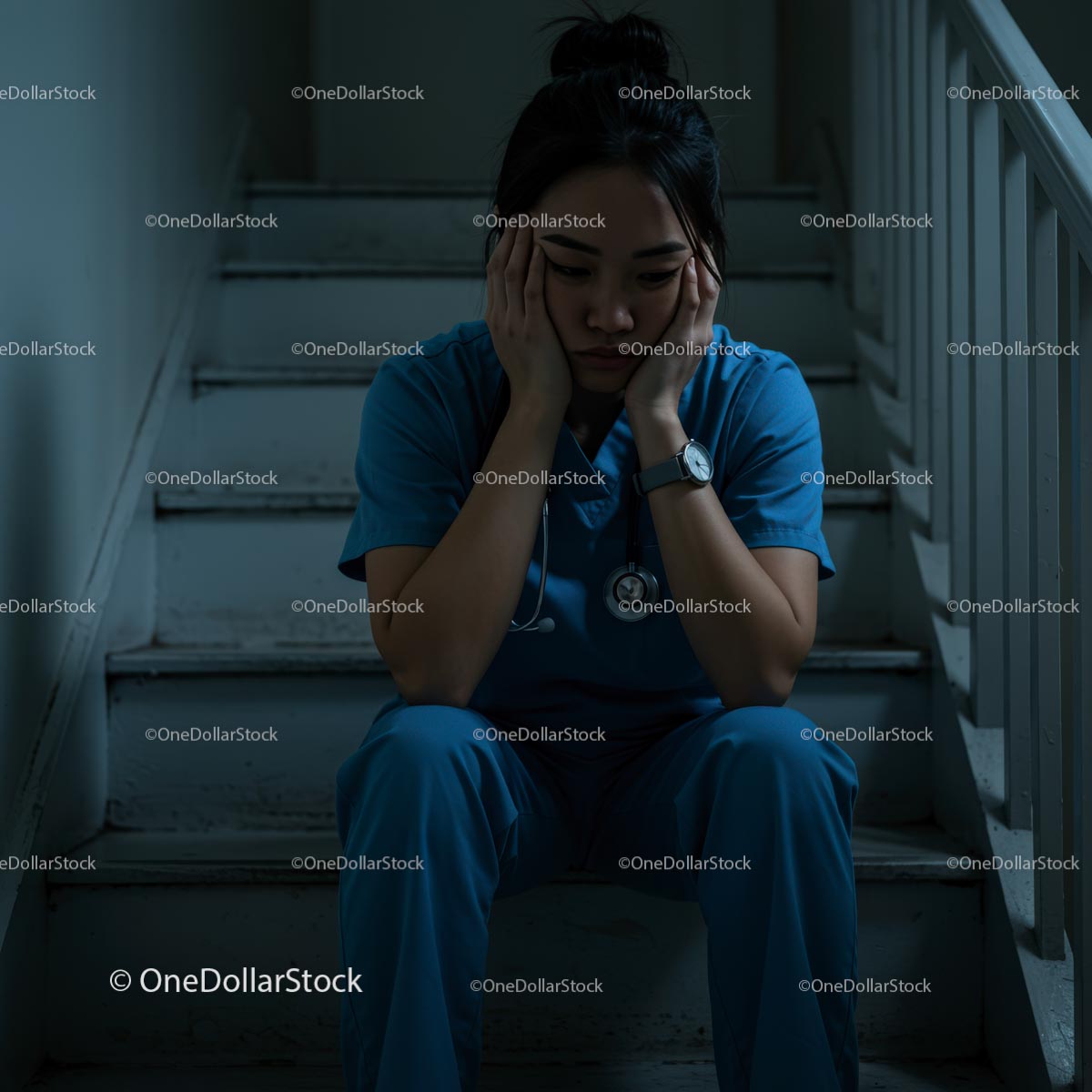Exhausted Nurse in Blue Uniform Sitting on Staircase
