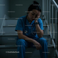Exhausted Nurse in Blue Scrubs Sitting on Staircase