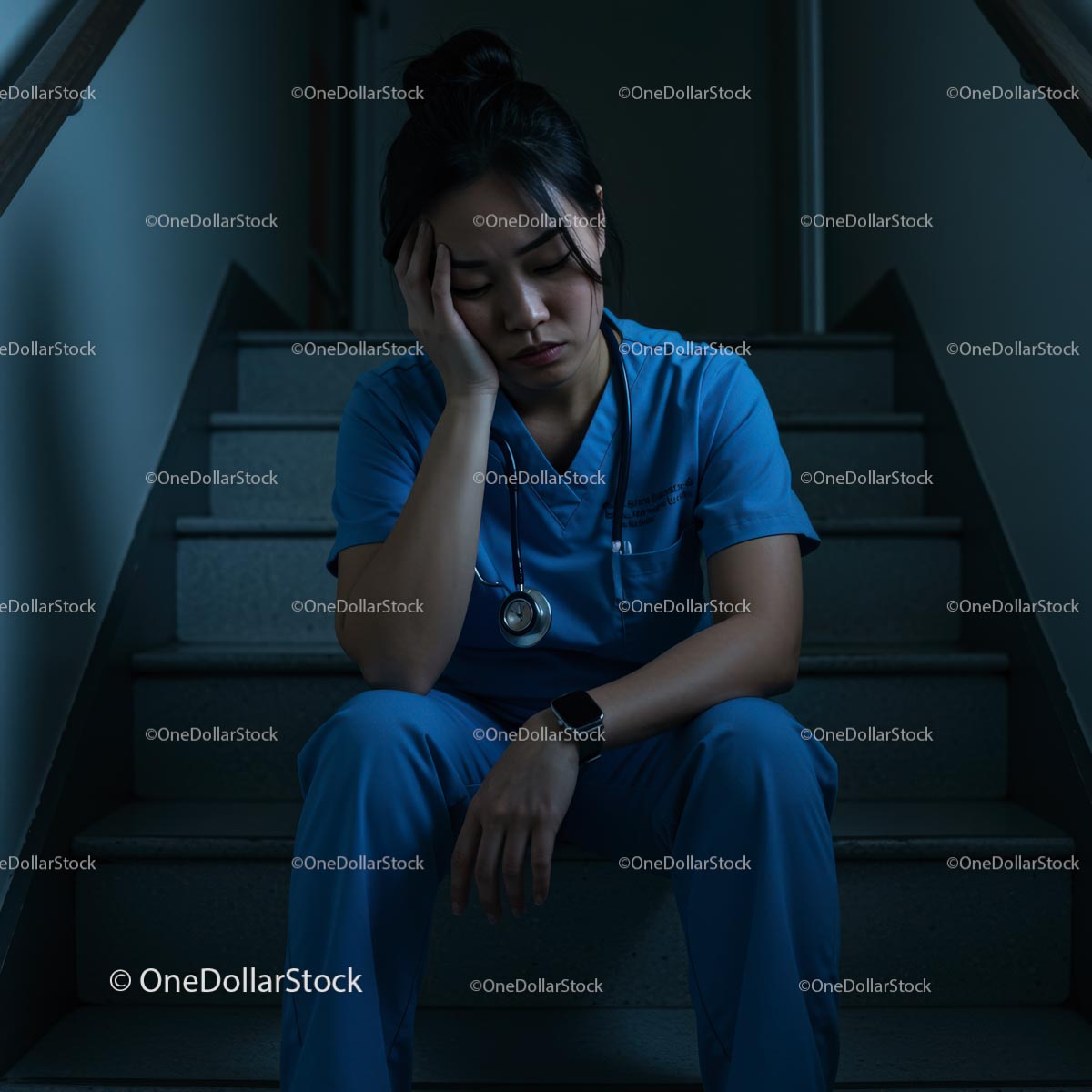 Exhausted Nurse Sitting Alone in Stairwell