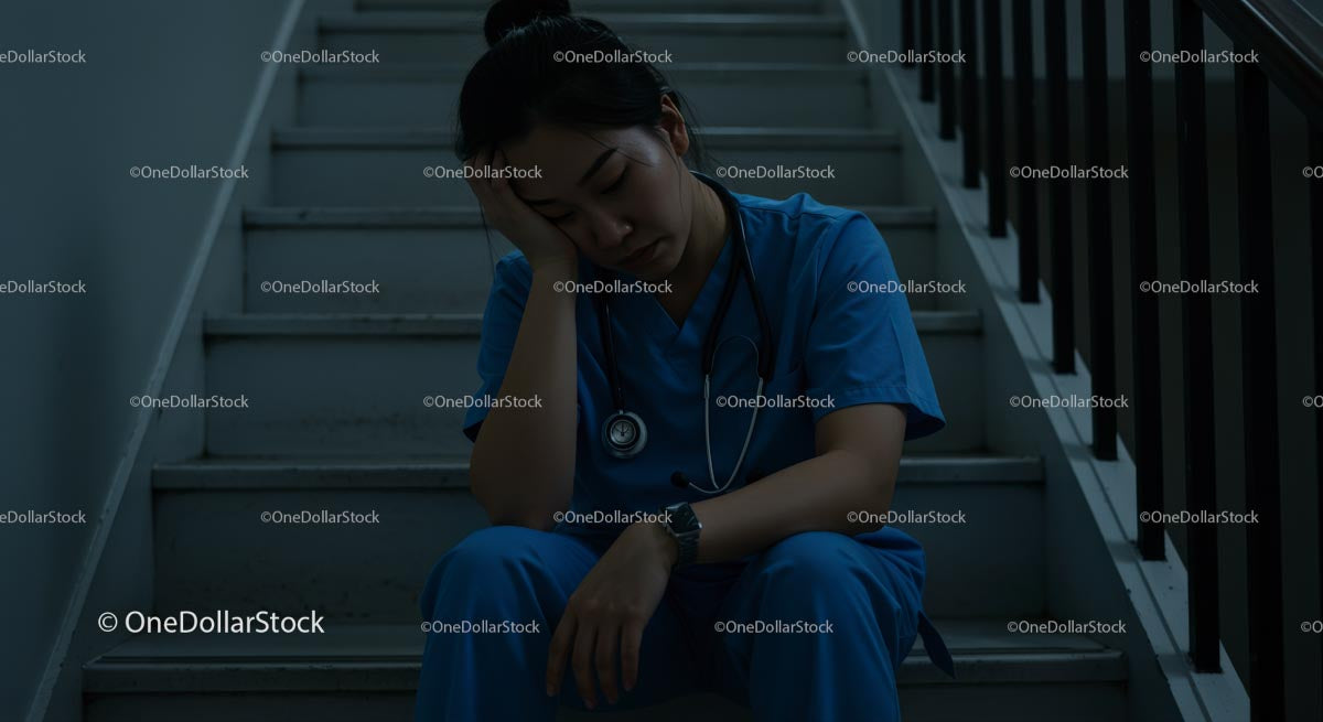 Exhausted Nurse Resting on Hospital Staircase