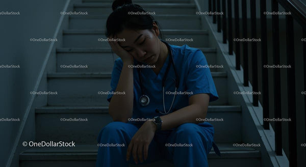 Exhausted Nurse Resting on Hospital Staircase