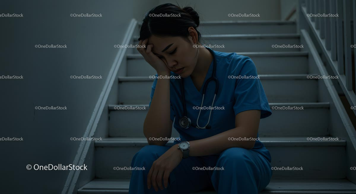 Exhausted Nurse Sitting on Hospital Staircase