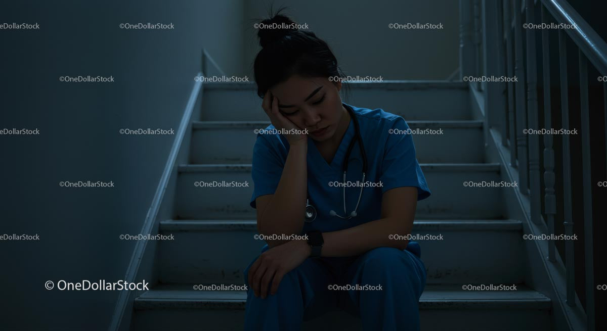 Tired Nurse Resting on Hospital Staircase After Long Shift