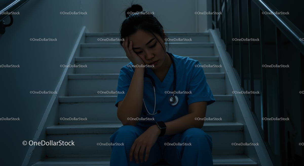 Exhausted Nurse in Blue Scrubs Resting on a Hospital Staircase