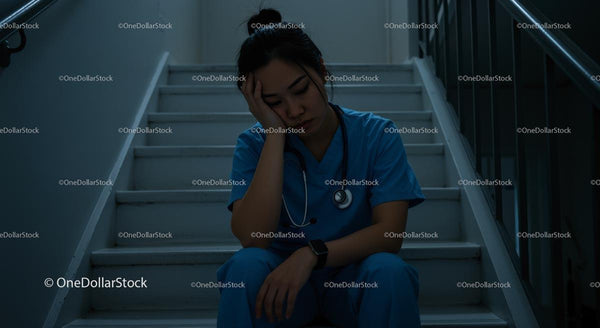 Exhausted Nurse in Blue Scrubs Resting on a Hospital Staircase