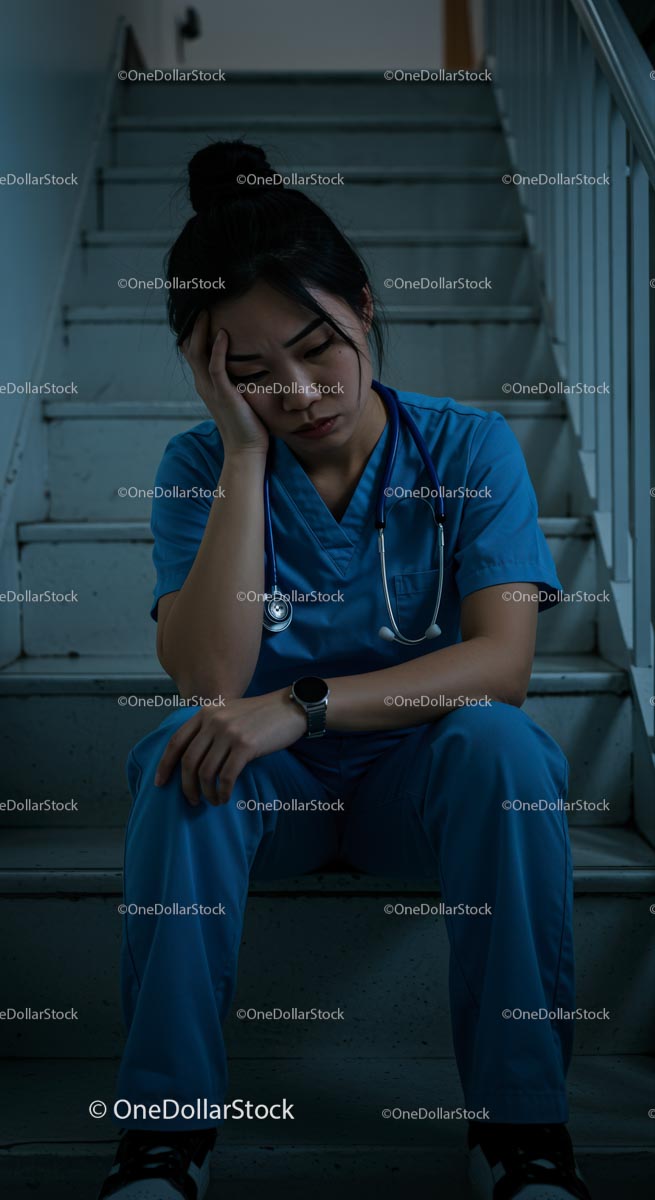 Exhausted Nurse Sitting on Hospital Stairs