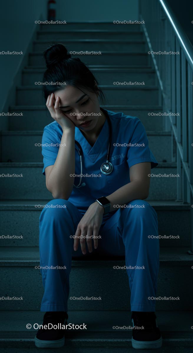 Exhausted Nurse Sitting on Stairs After Long Shift