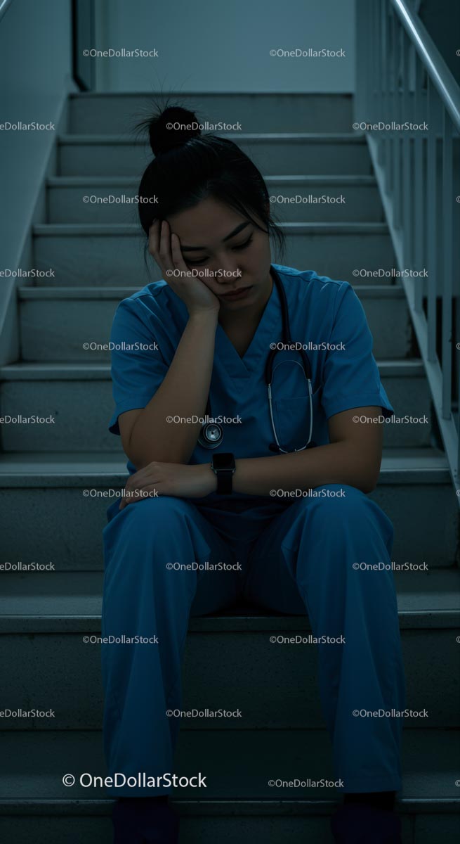 Exhausted Nurse in Blue Scrubs Resting on Staircase