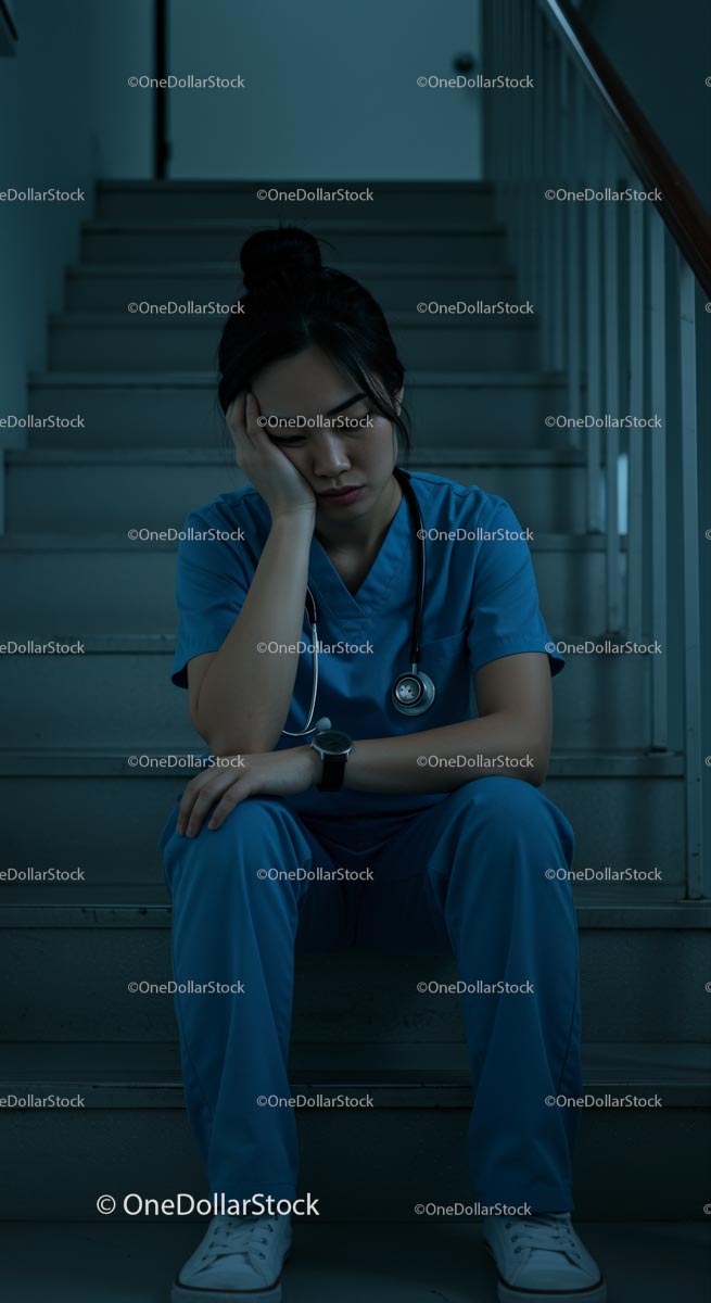 Tired Nurse Sitting on Hospital Stairs in Blue Scrubs