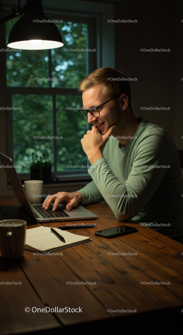 Uśmiechnięty mężczyzna pracujący późno na laptopie w domowym biurze (10 zdjęć)