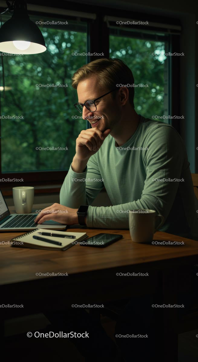 Mężczyzna pracujący na laptopie w przytulnym domowym biurze