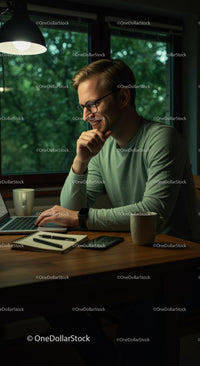 Smiling Man Working Late on Laptop at Home Office