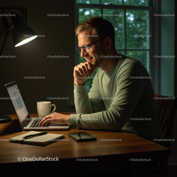 Skoncentrowany mężczyzna pracujący na laptopie w przytulnym domowym biurze