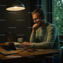 Smiling Man Working Late on Laptop at Home Office