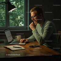 Man Working on Laptop at Home Office Desk