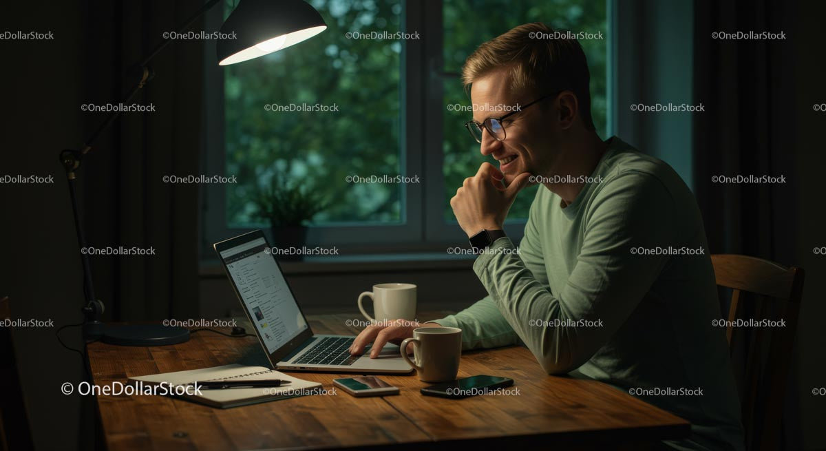 Uśmiechnięty mężczyzna pracujący na laptopie w przytulnym wieczornym biurze domowym