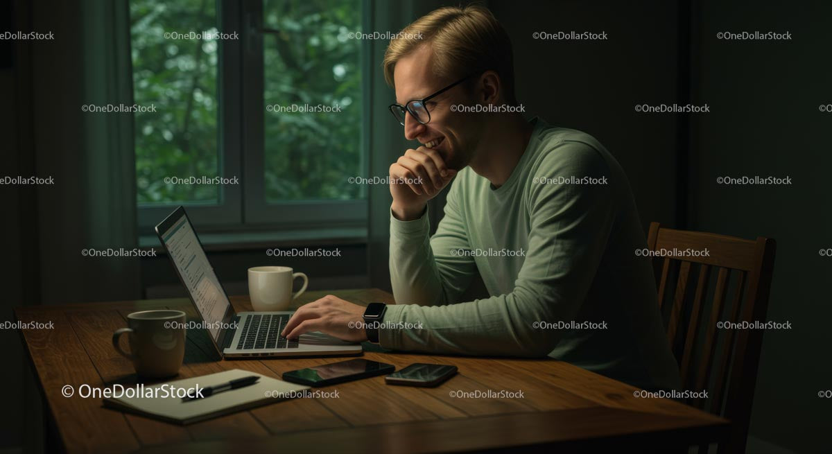 Mężczyzna pracujący na laptopie w przytulnym domowym biurze z kawą