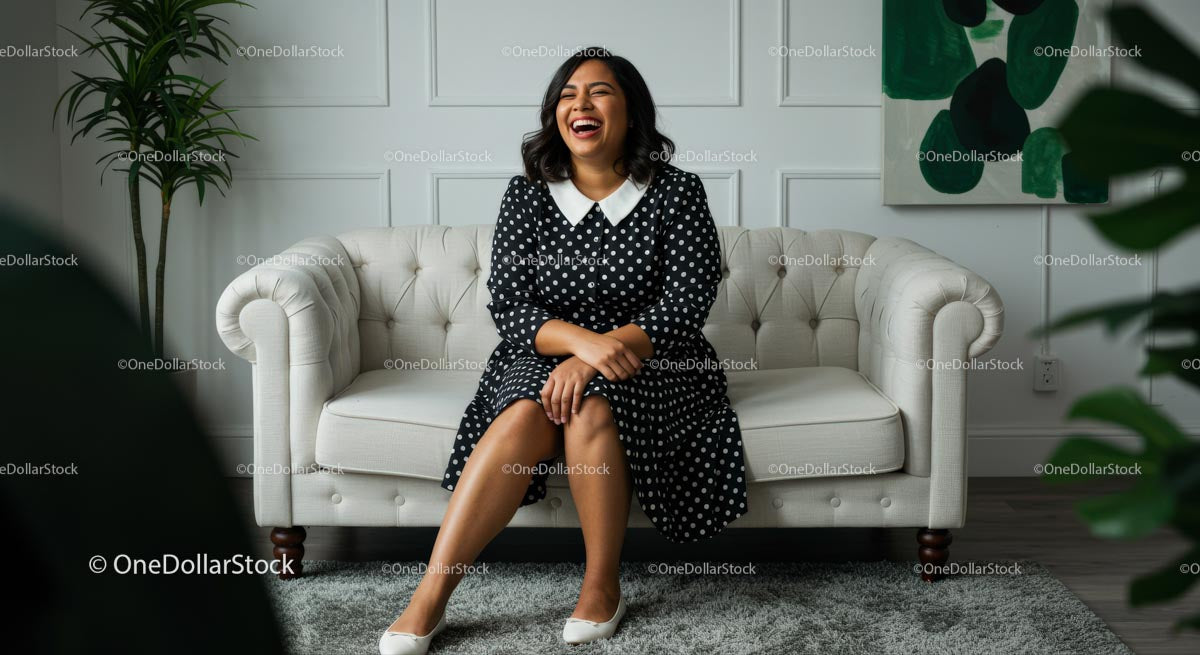 Cheerful Woman in Polka Dot Dress on Elegant Sofa