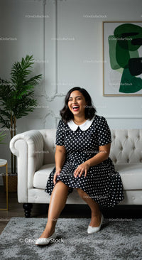 Cheerful Woman in Polka Dot Dress on Stylish Sofa