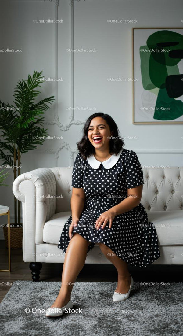 Cheerful Woman in Polka Dot Dress on Stylish Sofa