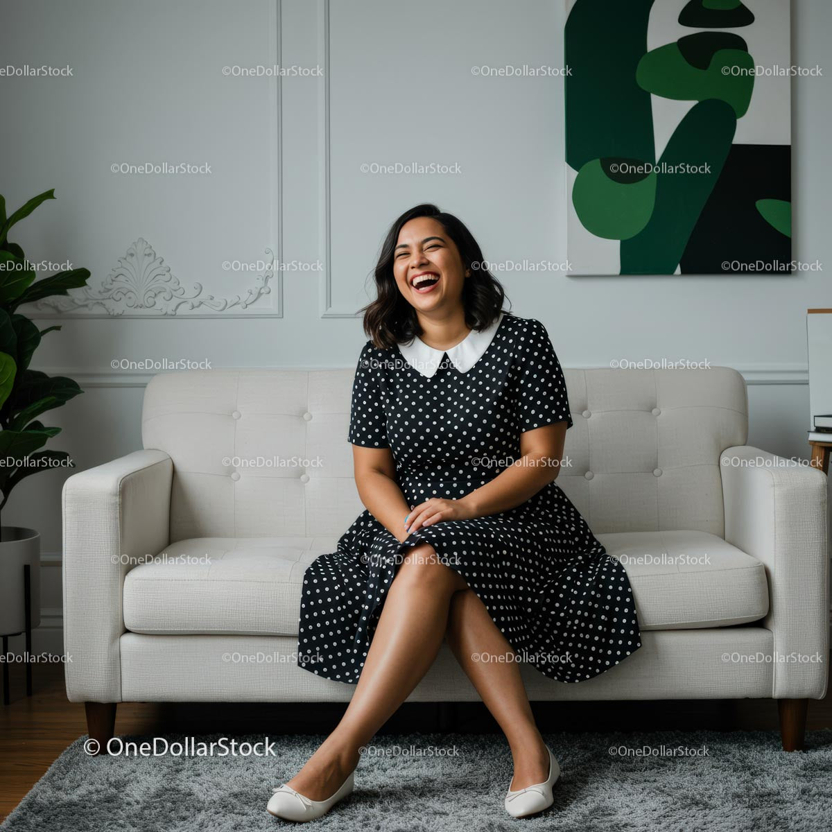 Smiling Woman Relaxing on a Cozy Sofa in Stylish Living Room