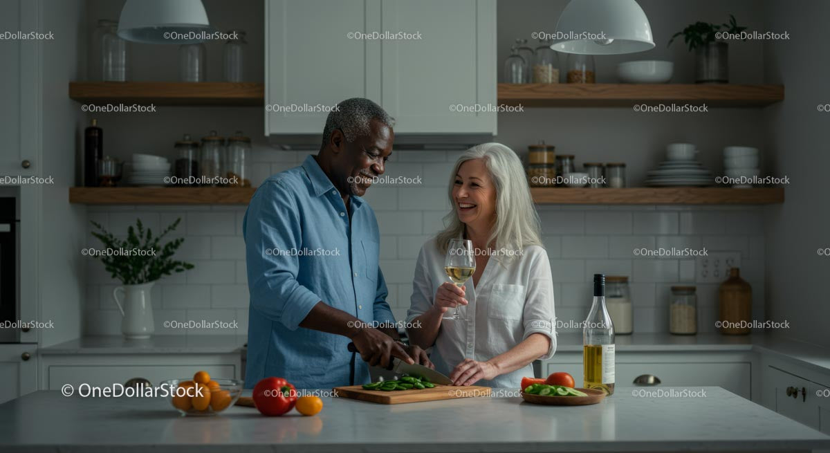 Joyful Senior Couple Cooking Together in Modern Kitchen