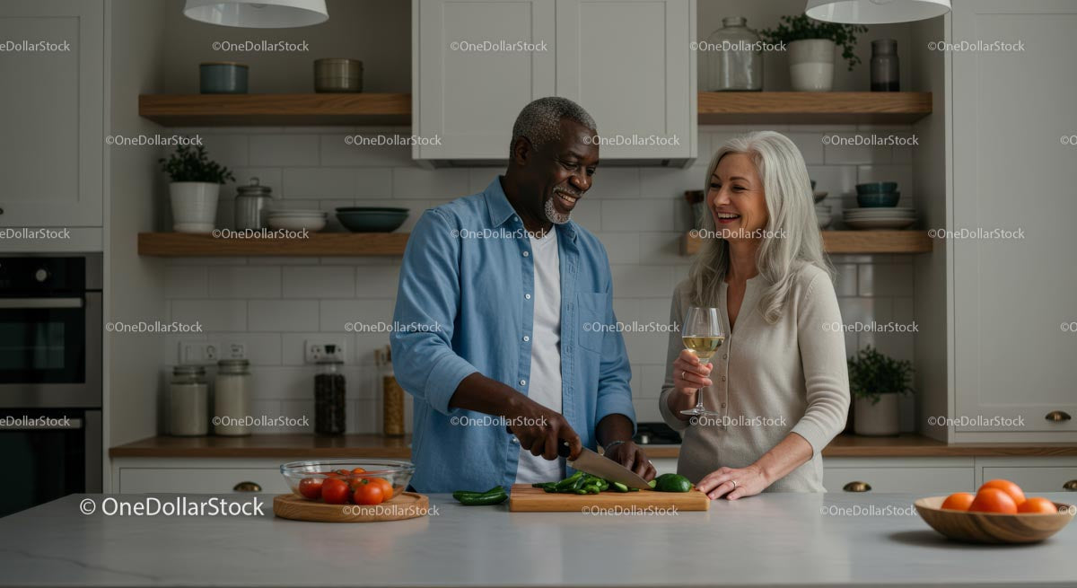 Happy Senior Couple Cooking Together in Modern Kitchen