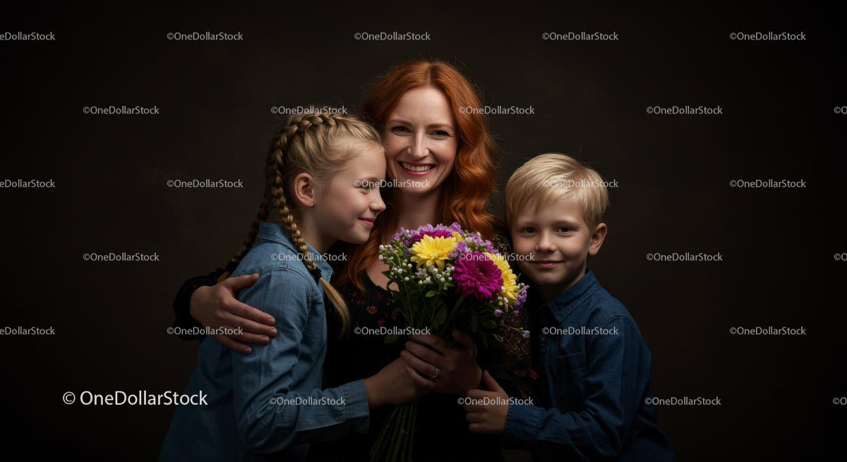 Uśmiechnięty portret rodzinny z kolorowym bukietem kwiatów