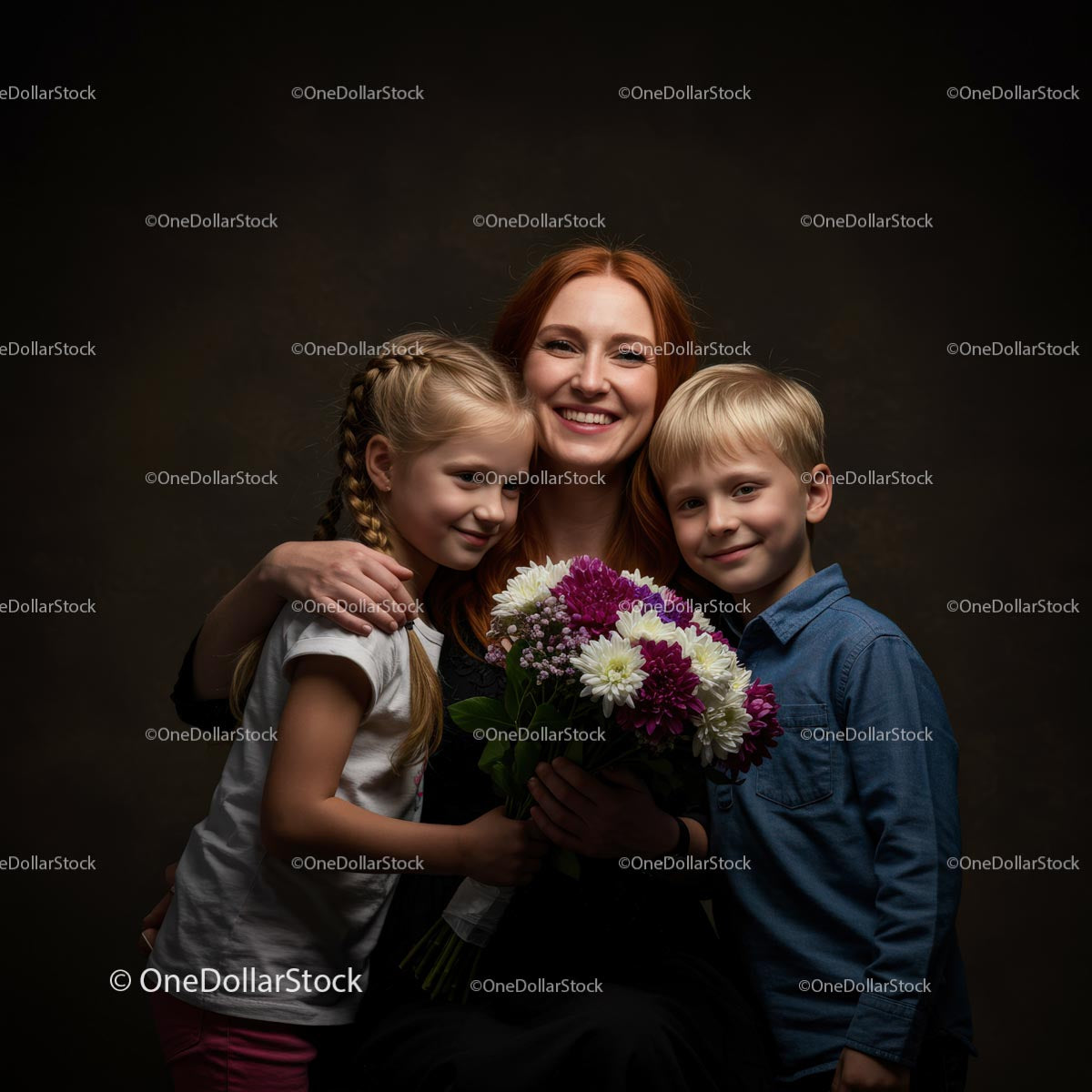 Smiling Mother With Kids Holding Colorful Flower Bouquet