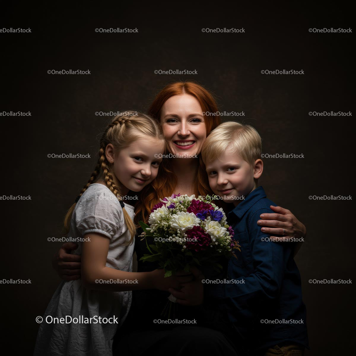 Mother with Children Holding Bright Flower Bouquet