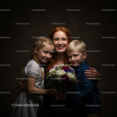 Mother with Children Holding Bright Flower Bouquet