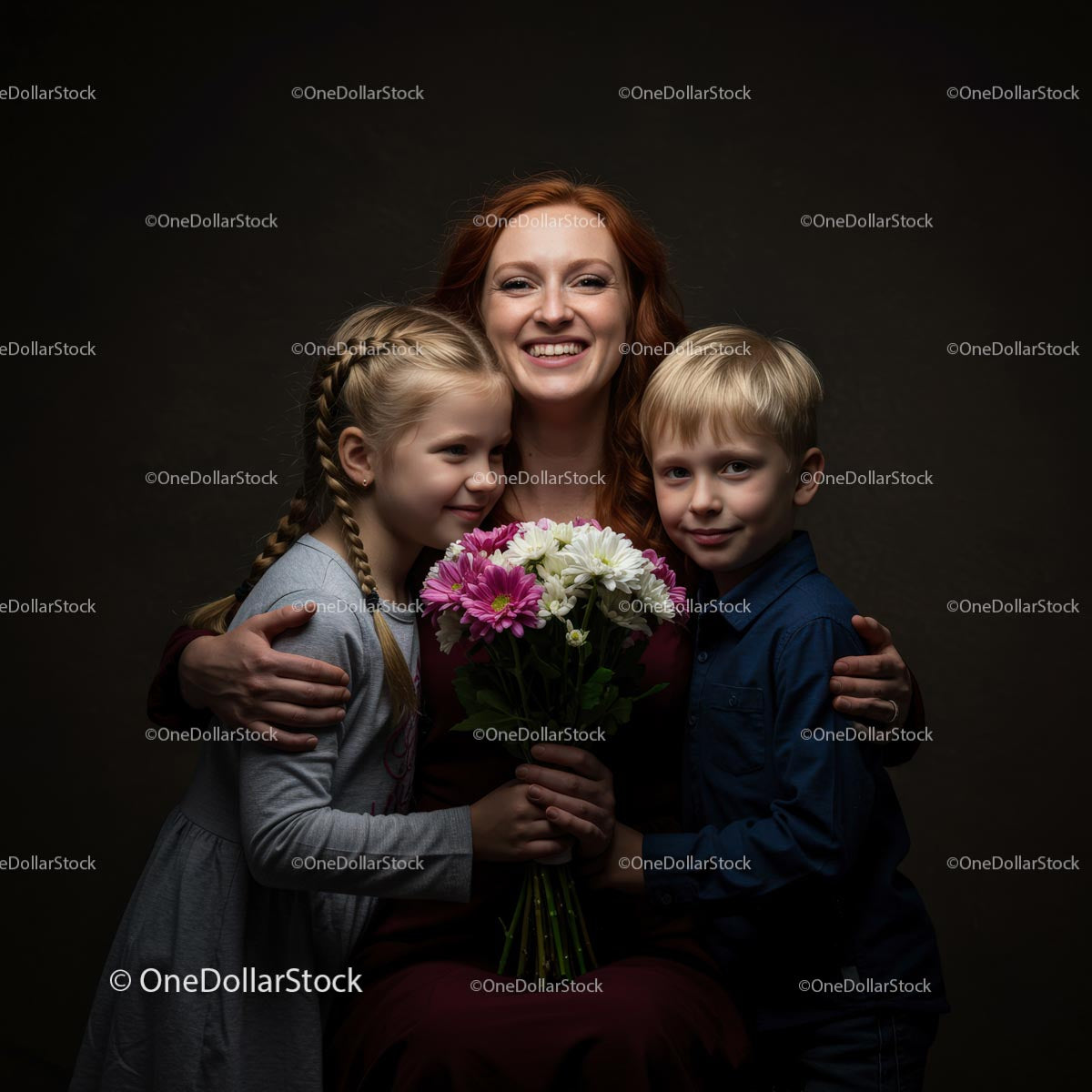 Smiling Mother with Two Children Holding Flowers Bouquet