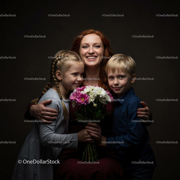 Uśmiechnięta mama z dwójką dzieci trzymająca bukiet kwiatów