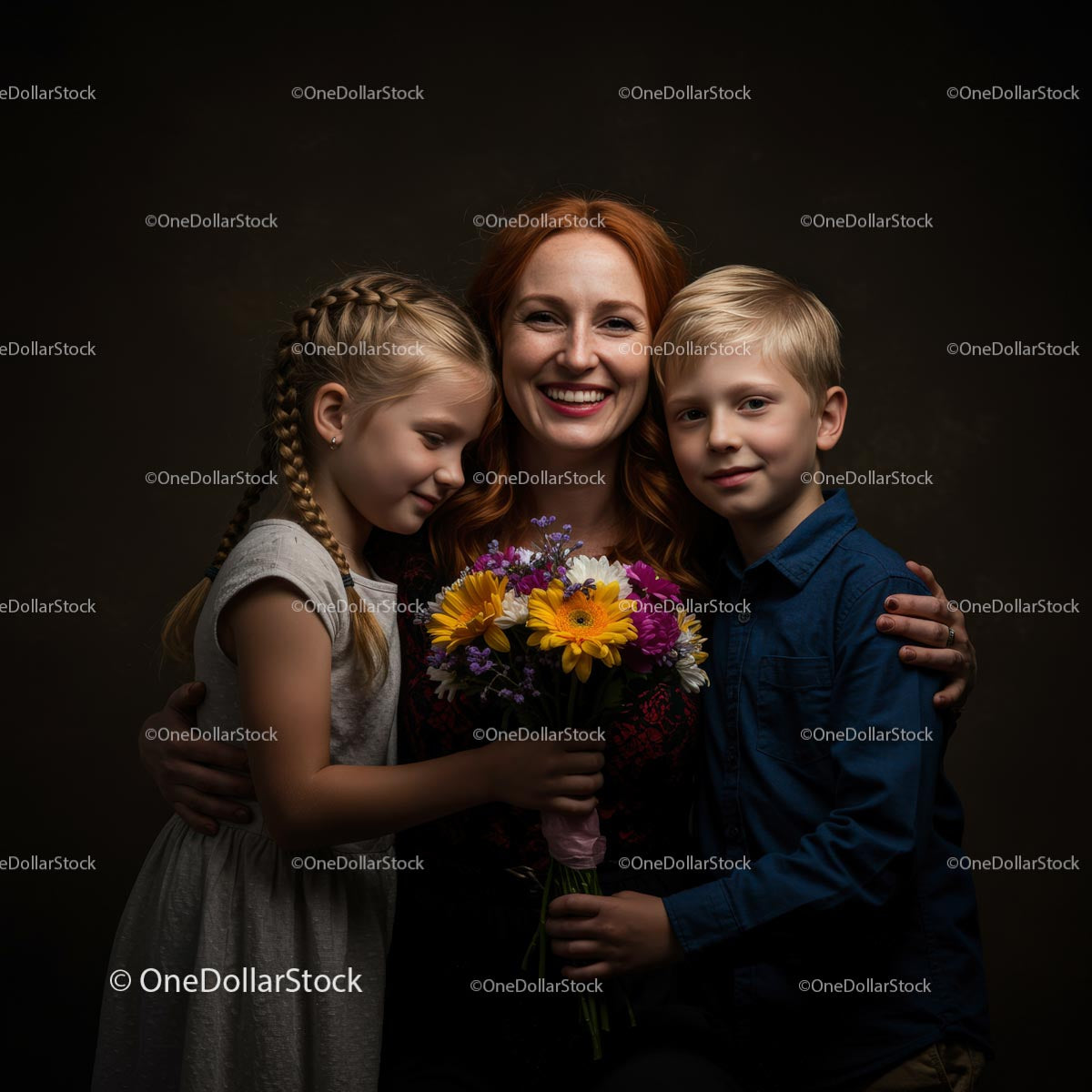 Mother and Children Embracing with Colorful Bouquet of Flowers