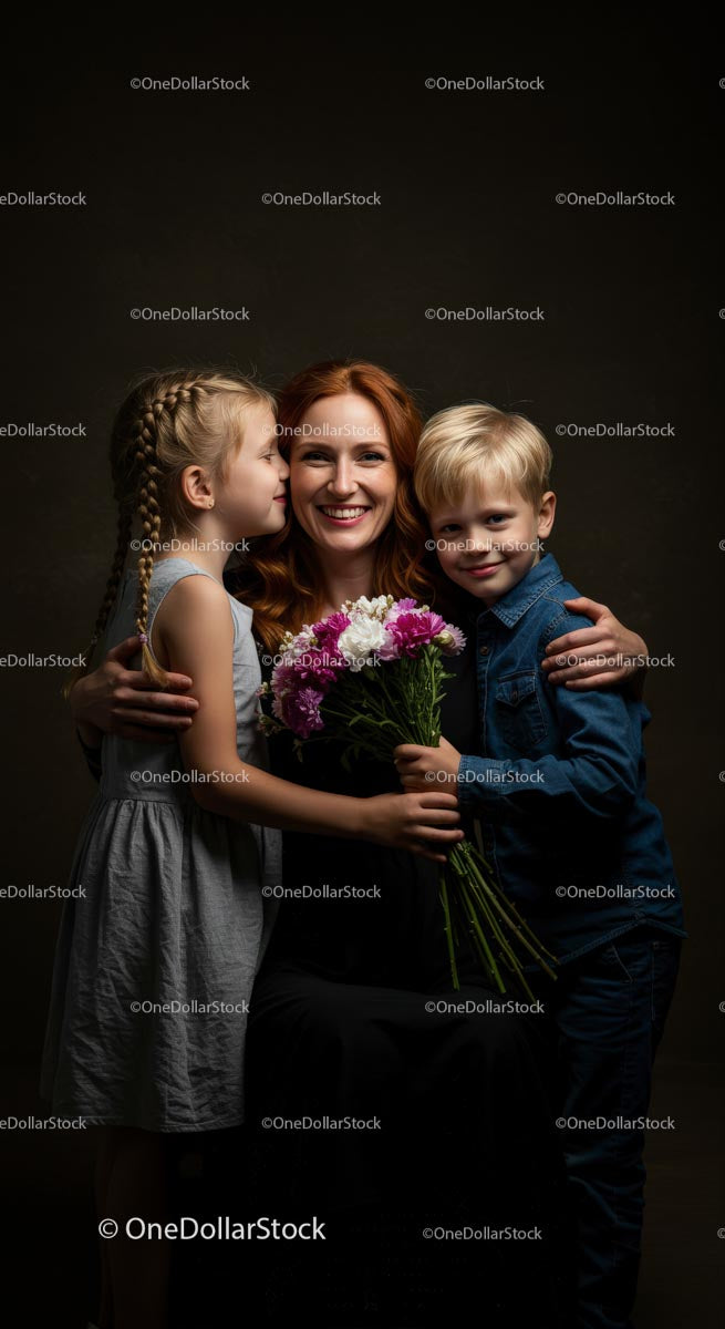 Mother Embracing Children with Pink and White Flowers