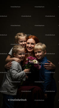 Loving Family Hug with Colorful Bouquet