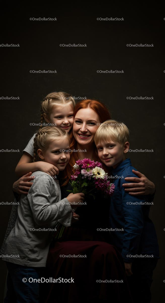 Loving Family Hug with Colorful Bouquet