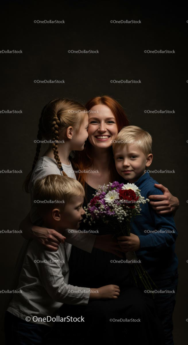 Joyful Redhead Mother Embraced by Loving Children