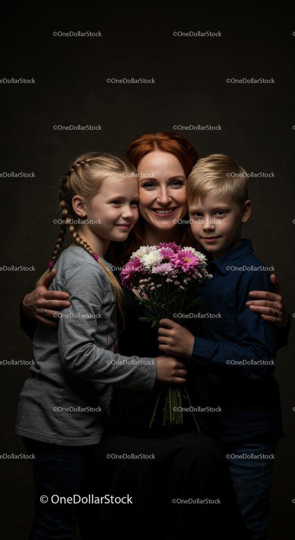 Matka obejmująca dzieci trzymające kolorowy bukiet stokrotek
