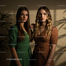 Elegant Women in Green and Brown Polka Dot Dresses