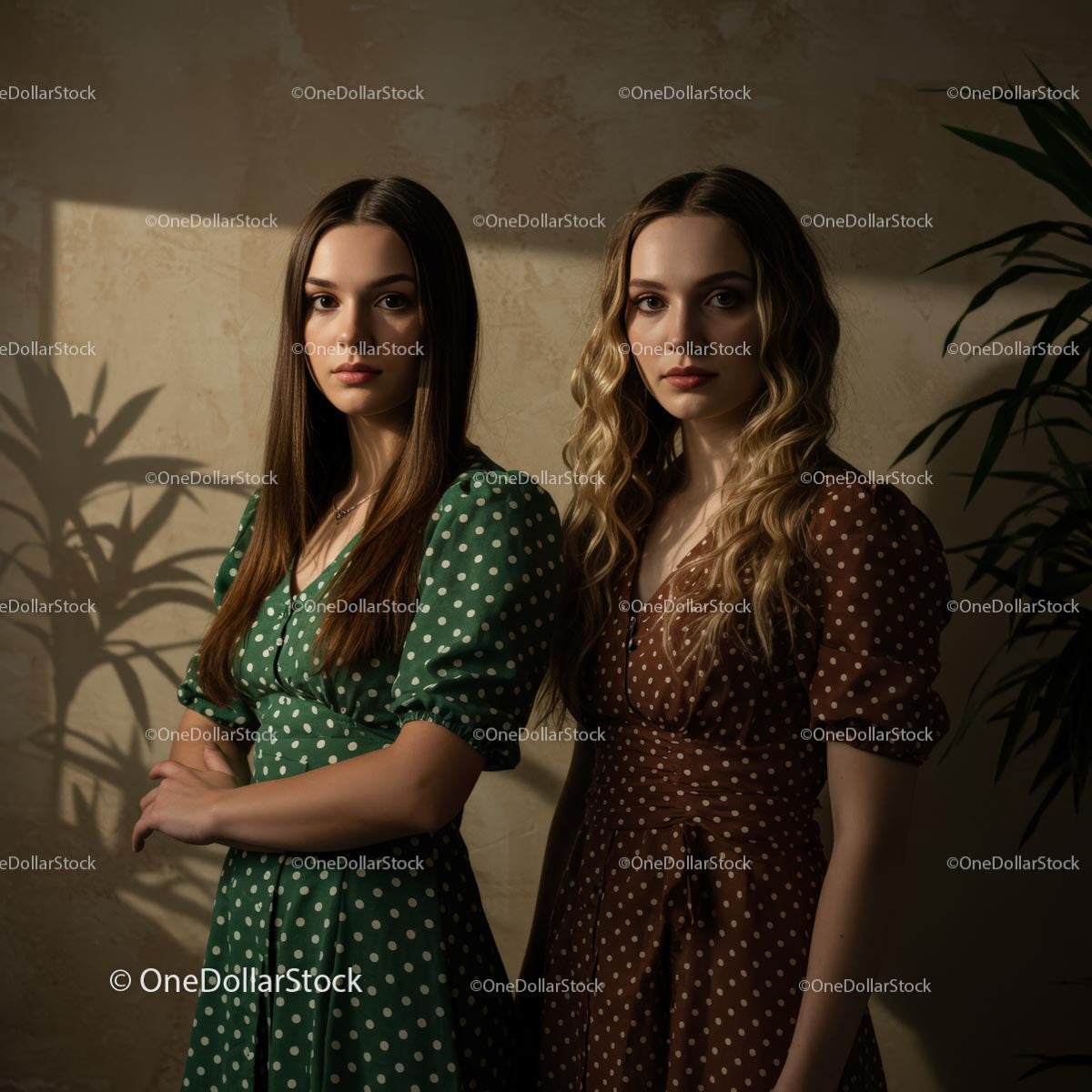 Elegant Women in Green and Brown Polka Dot Dresses