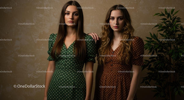Eleganckie kobiety w vintage sukienkach w kropki w pomieszczeniu